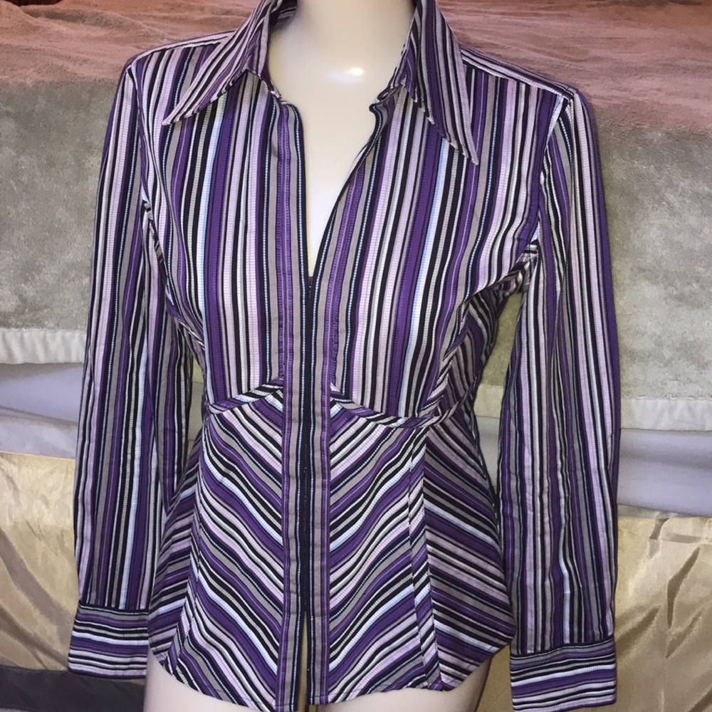 EUC stunning striped collared zippered blouse Sm